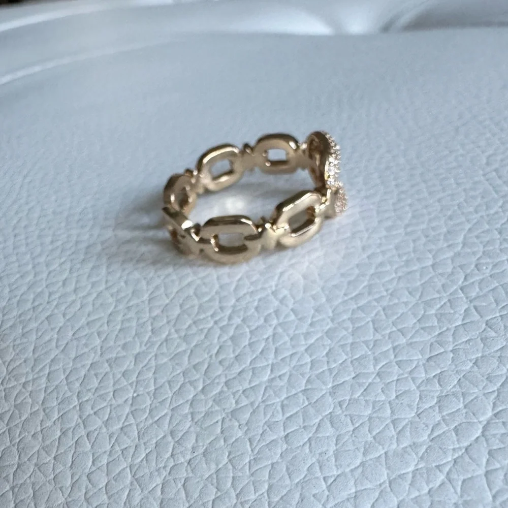 Gold Tone and Rhinestone Chain Link Hollow Adjustable Ring New